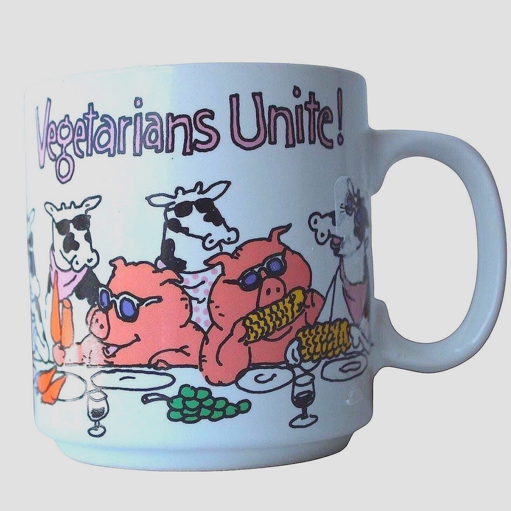 Applause Vegetarians Unite Mug Ceramic White Cow Pig 1993 Vintage 90s Graphic